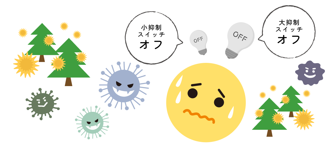「大抑制スイッチ」「小抑制スイッチ」両方とも稼働していないとアレルギーに